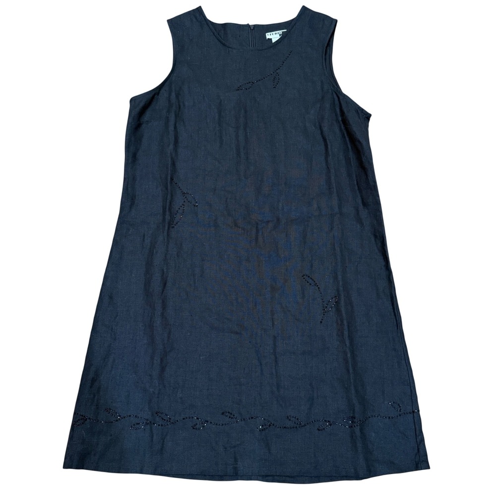 Studio JPR Women Black 100% Linen Beaded Leaf Shift Dress L Coastal Vacation